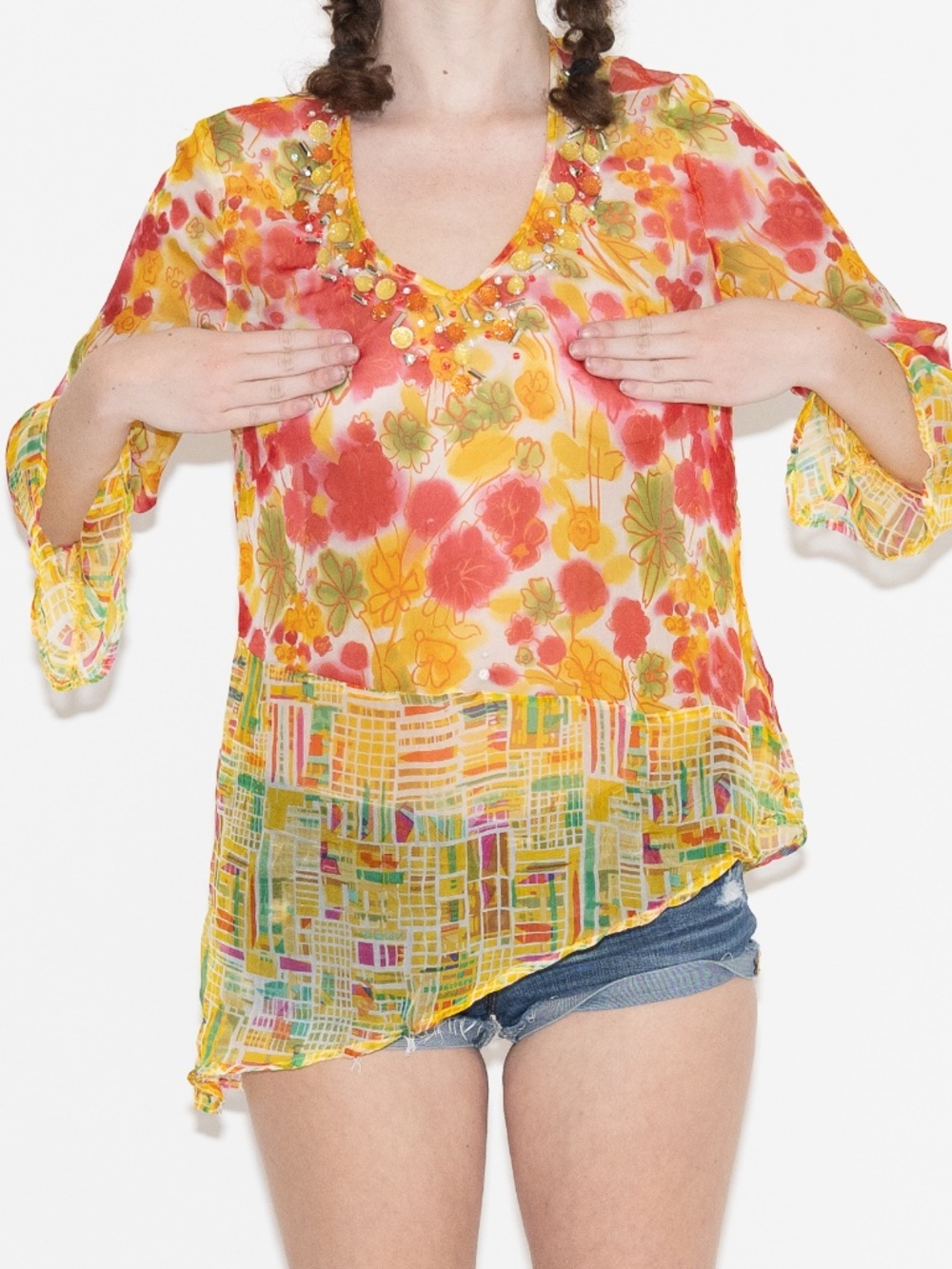 Y2k silk mesh blouse multicolor beaded bell sleeves size large berek